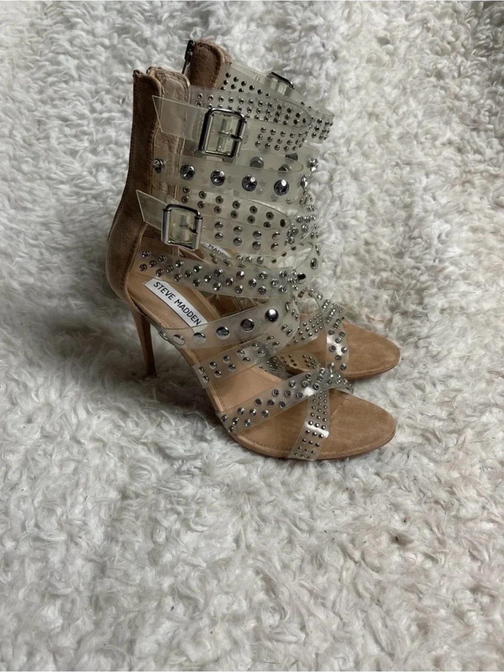 Steve Madden Nude Clear Studded Strappy Stiletto Sandals SZ8.5M